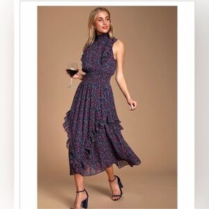 NWT Lulu’s Evalina Navy Blue Floral Print Mock Neck Midi Dress, Size Medium